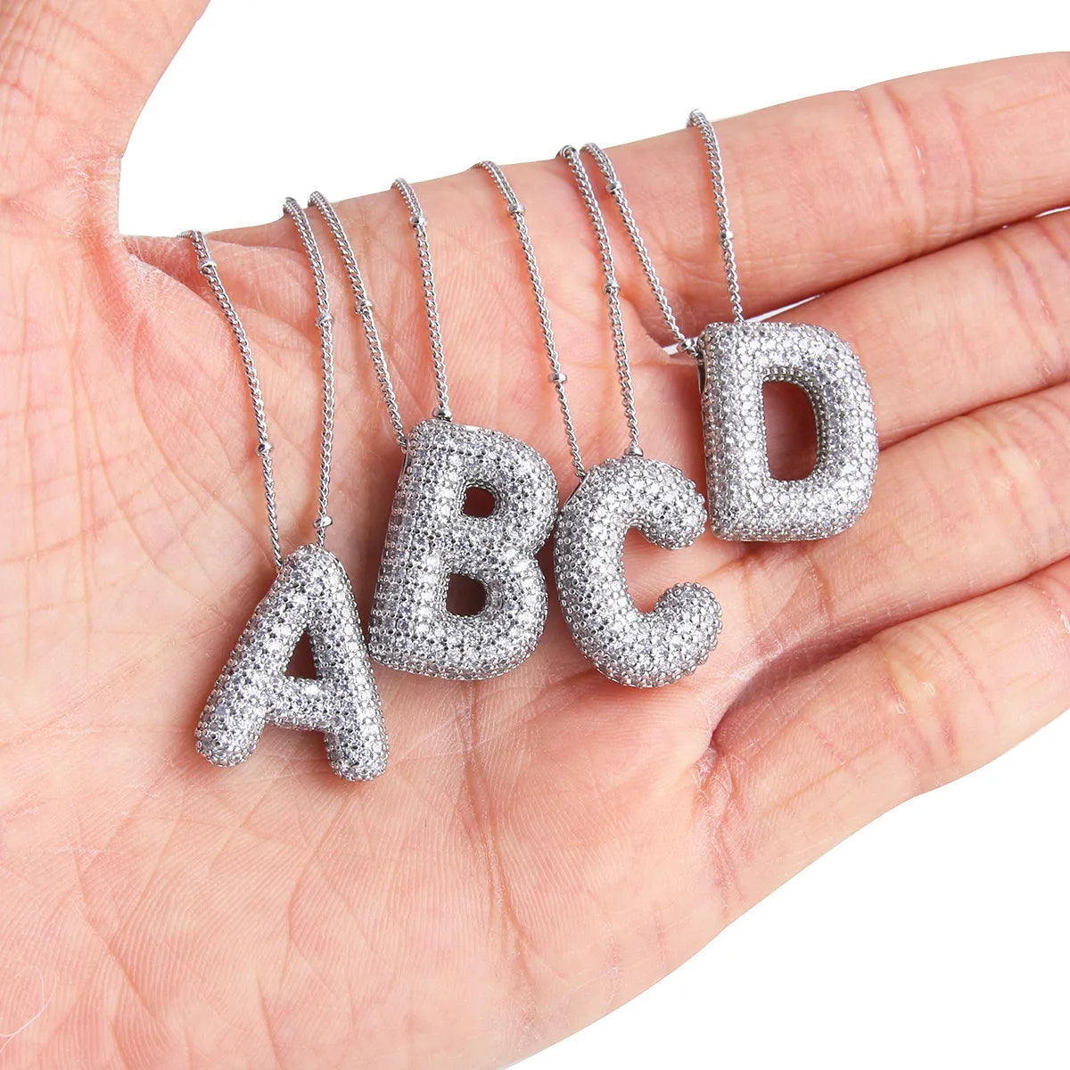 ZEVORA Bubble Letter Initial White Gold Necklace Set – Handmade & Hypoallergenic
