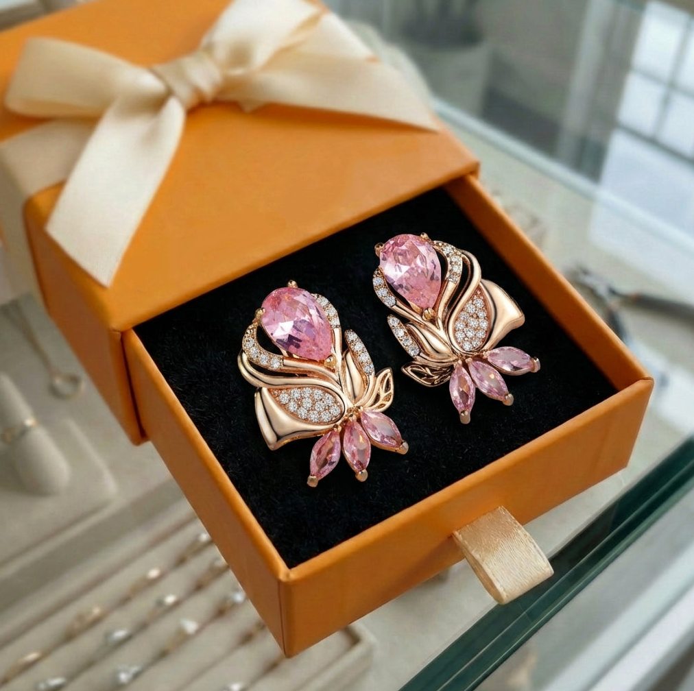 ZEVORA Amorette Rosepetal Earrings – Rose Gold Pink Sapphire Rose Petal Drop Earrings
