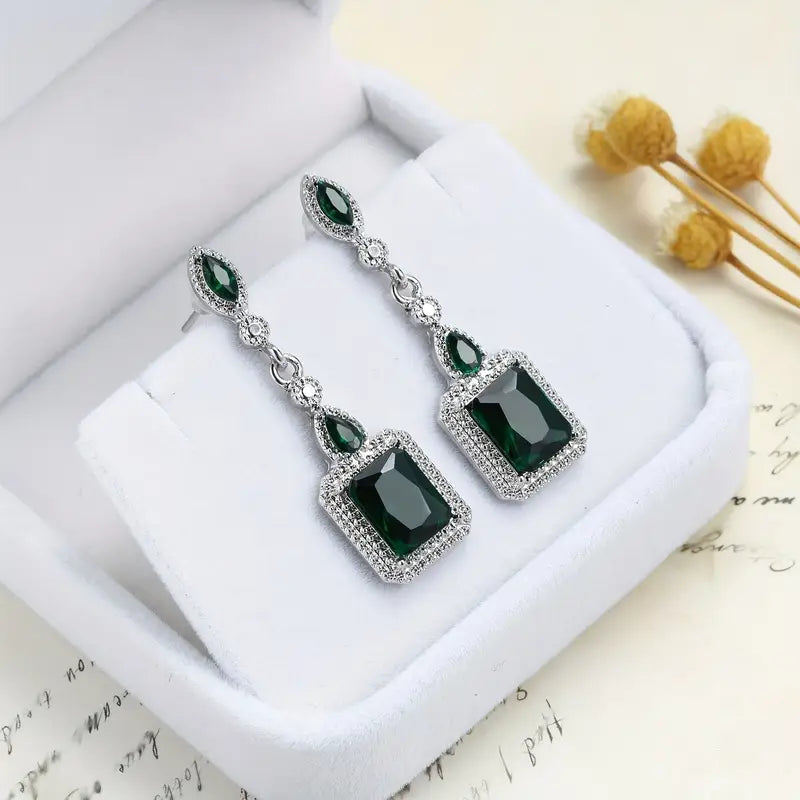ZEVORA Clarion Verdancia Earrings – White Gold Emerald Green Drop Earrings