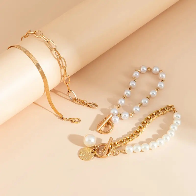 ZEVORA Chic Gold 4-Piece Bracelet Set – Snake, Pearls & Links | Handmade Gold Jewelry
