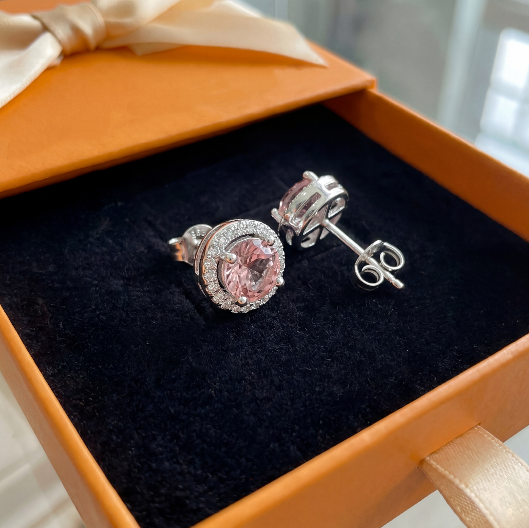 ZEVORA Pink Round Pavé Stud Earrings – White Gold Pink Sapphire Pavé Studs