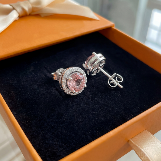ZEVORA Pink Round Pavé Stud Earrings – White Gold Pink Sapphire Pavé Studs