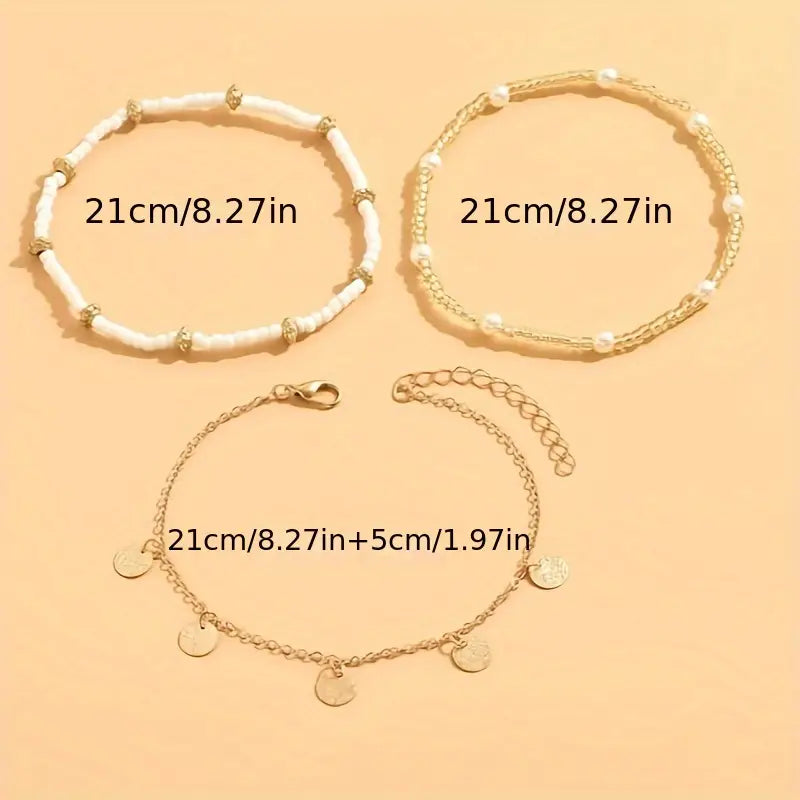 ZEVORA Coastal Charm 3-Piece Layered Anklet Set – Gold