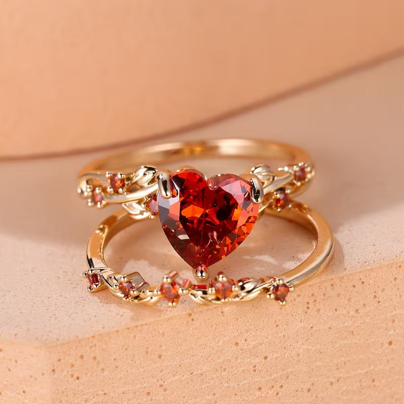 ZEVORA Redvine Heart Accent Ring Set – Handmade Gold & Ruby Heart Ring Set