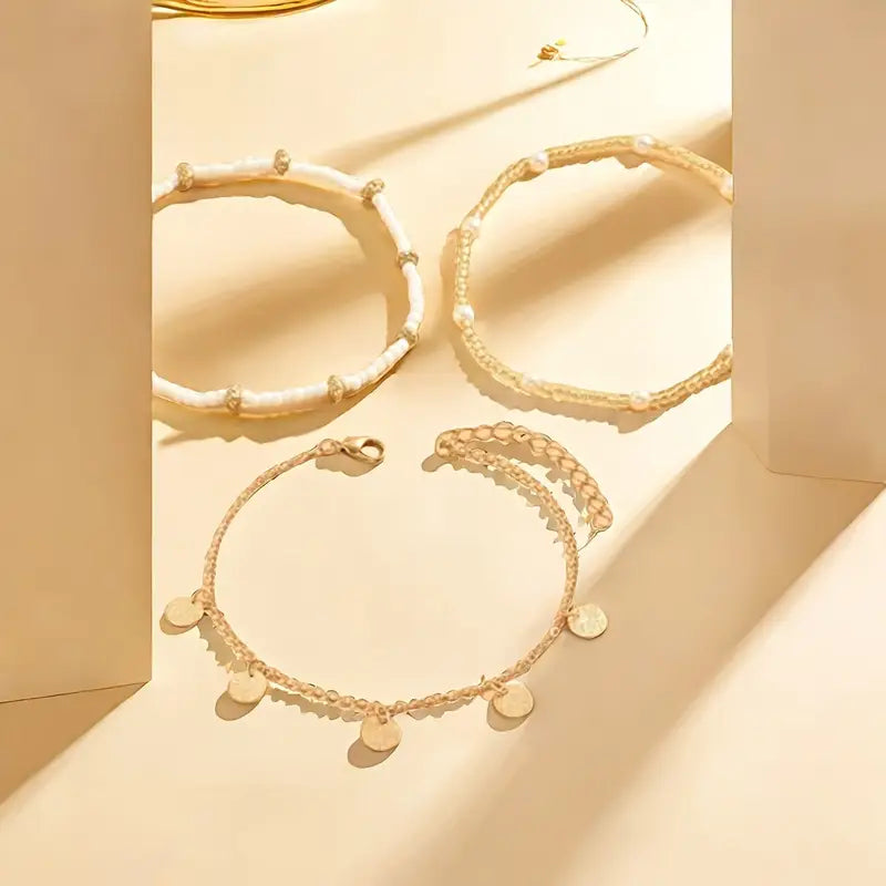 ZEVORA Coastal Charm 3-Piece Layered Anklet Set – Gold