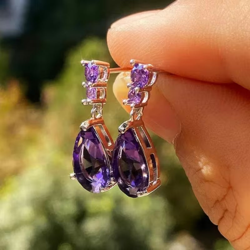 ZEVORA Amethyst Dewdrop Earrings – White Gold Purple Amethyst Dewdrop Drop Earrings