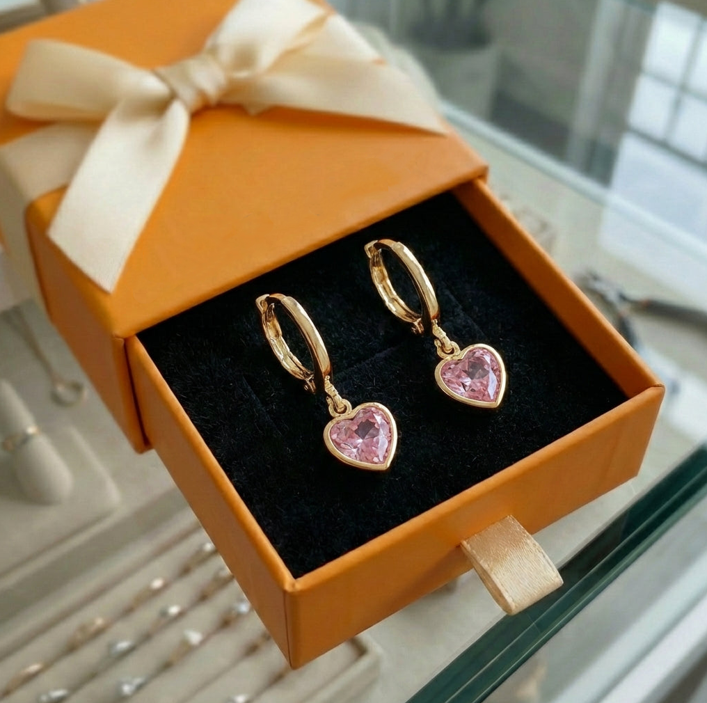 ZEVORA Cupid Charm Drop Earrings – Gold Pink Sapphire Heart Drop Earrings