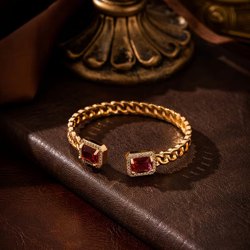 ZEVORA Veloria Ruby Open Bracelet – Handmade Gold & Ruby Jewelry