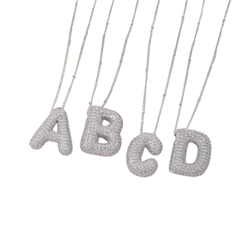 ZEVORA Bubble Letter Initial White Gold Necklace Set – Handmade & Hypoallergenic