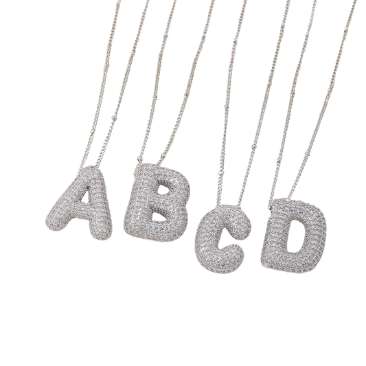 ZEVORA Bubble Letter Initial White Gold Necklace Set – Handmade & Hypoallergenic
