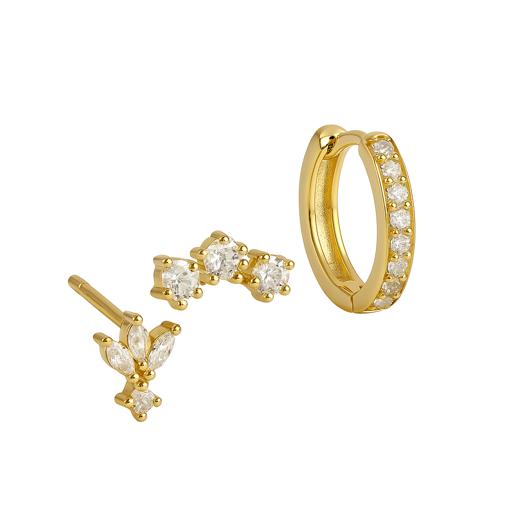 ZEVORA Trio Mila Essentials Earrings Set – Gold Classic Stud Earring Set of 3