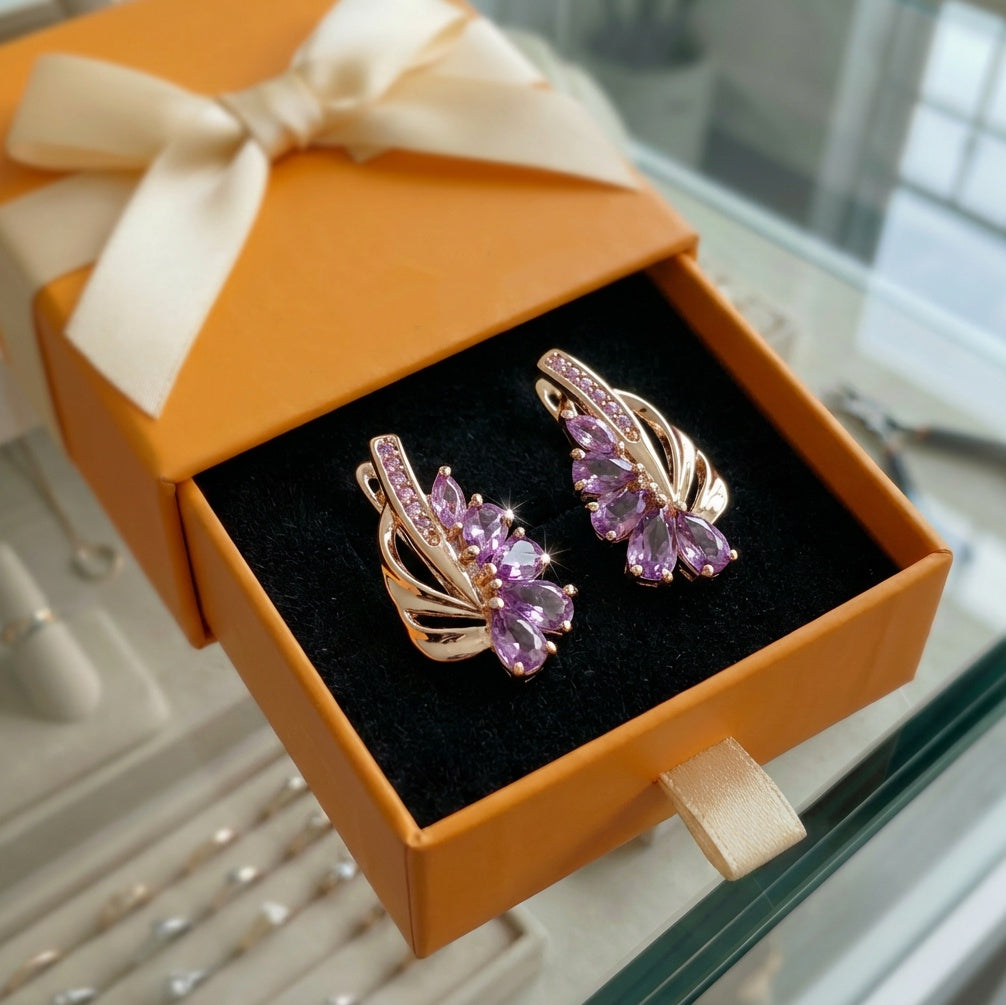 ZEVORA Viorelle Amethyst Wing Earrings – Rose Gold Purple Amethyst Wing Drop Earrings