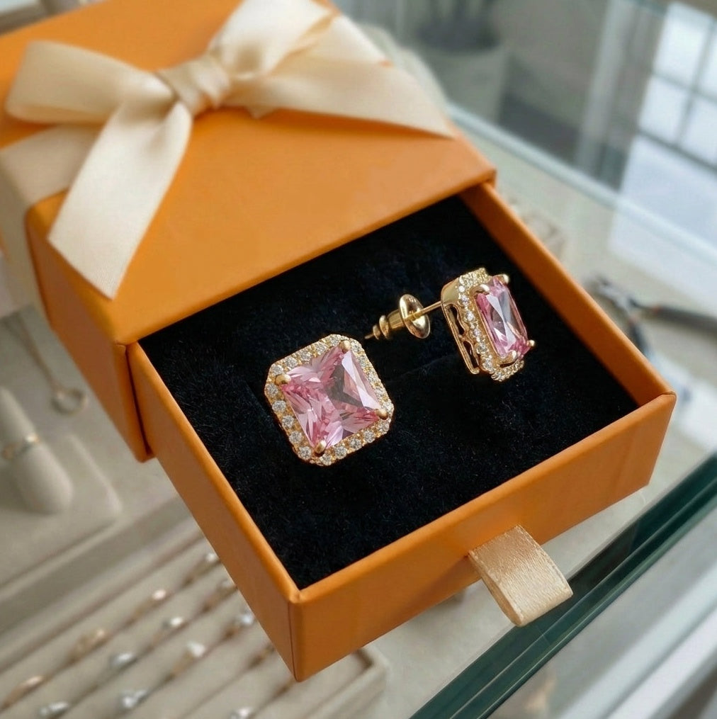 ZEVORA Pink Sapphire Pavé Stud Earrings – Gold Pink Sapphire Pavé Crystal Studs