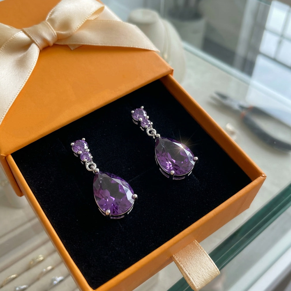 ZEVORA Amethyst Dewdrop Earrings – White Gold Purple Amethyst Dewdrop Drop Earrings