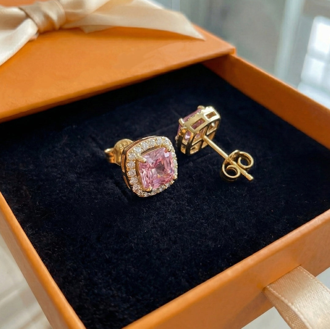 ZEVORA Pink Sapphire Pavé Stud Earrings – Gold Pink Sapphire Pavé Crystal Studs