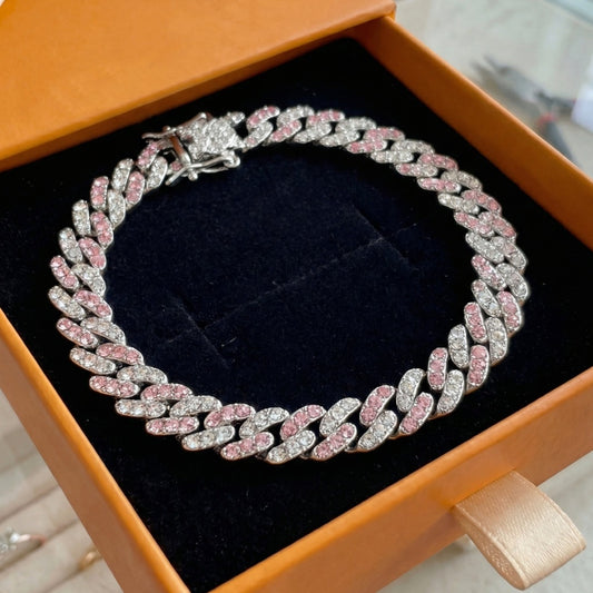ZEVORA Arctic Blush Cuban Bracelet – Handmade White Gold & Pink Sapphire Jewelry