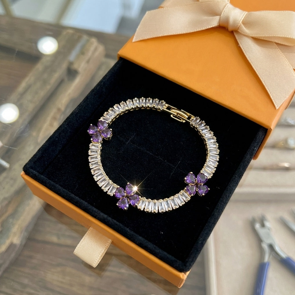 ZEVORA Amethyst Clover Heart Bracelet – Handmade Gold & Amethyst Jewelry