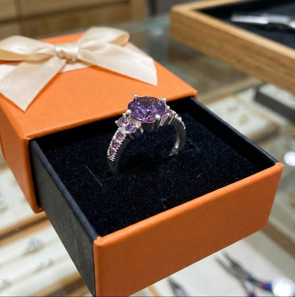 ZEVORA Celia Virelyn Ring – Handmade White Gold & Amethyst Jewelry