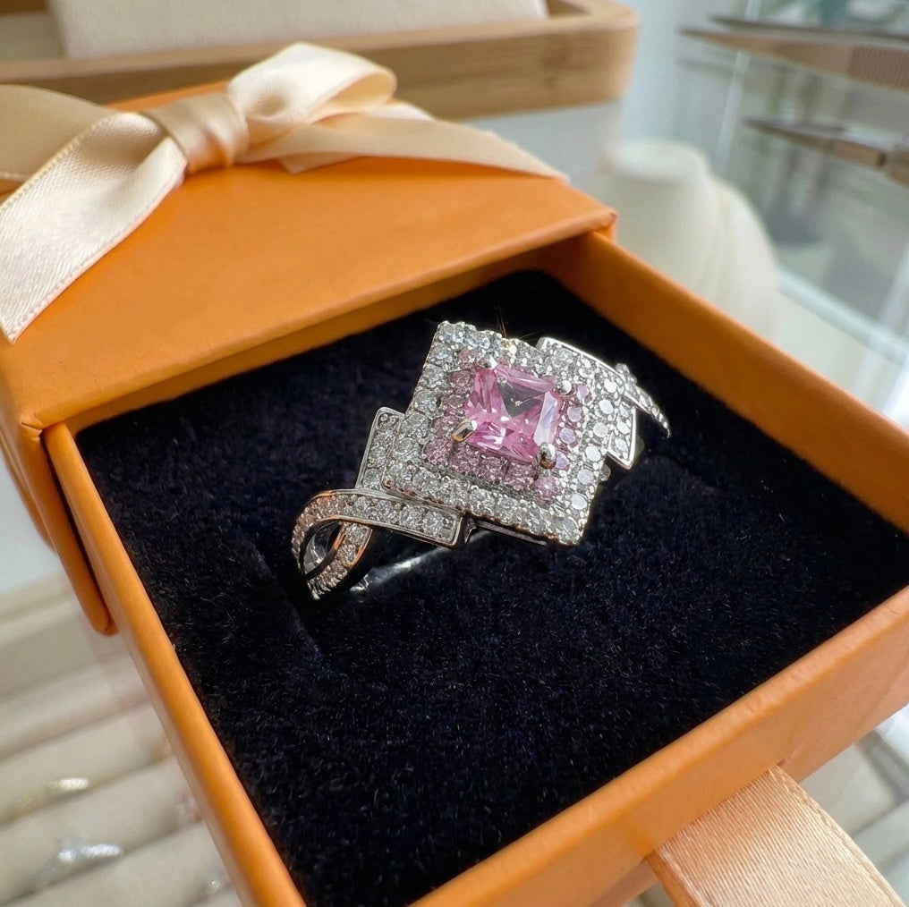 ZEVORA Couture Pavé Square Ring – Handmade White Gold & Pink Sapphire Jewelry