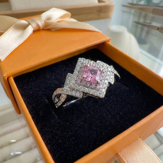 ZEVORA Couture Pavé Square Ring – Handmade White Gold & Pink Sapphire Jewelry