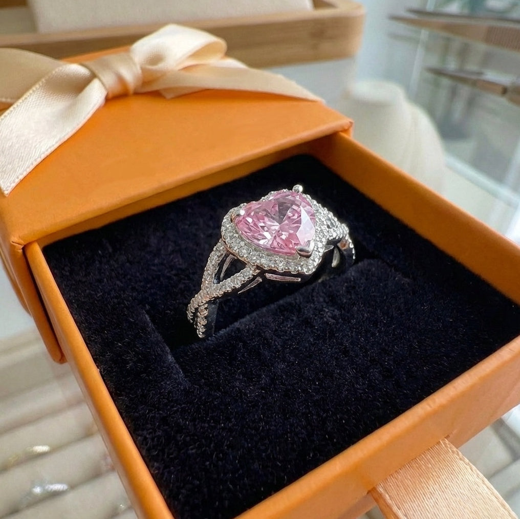 ZEVORA Amour Twist Halo Ring – Handmade White Gold & Pink Sapphire Jewelry