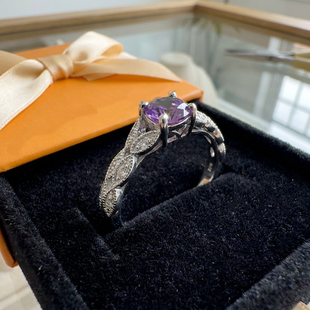 ZEVORA Amelys Fern Ring – Handmade White Gold & Amethyst Jewelry