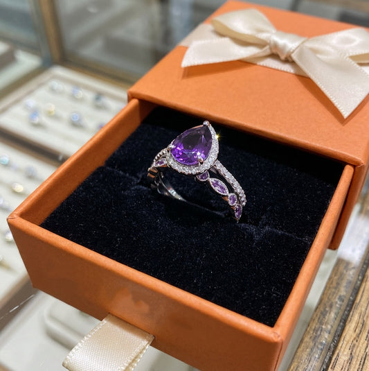 ZEVORA Teardrop Amethyst Ring Set – Handmade White Gold & Amethyst Jewelry Set