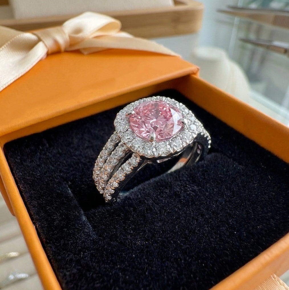 ZEVORA Blush Empress Halo Ring – Handmade White Gold & Pink Sapphire Jewelry