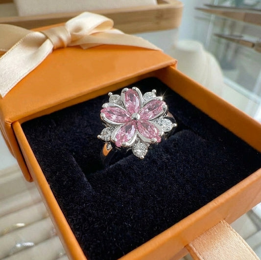 ZEVORA Cherry Blossom Ring – Handmade White Gold & Pink Sapphire Jewelry