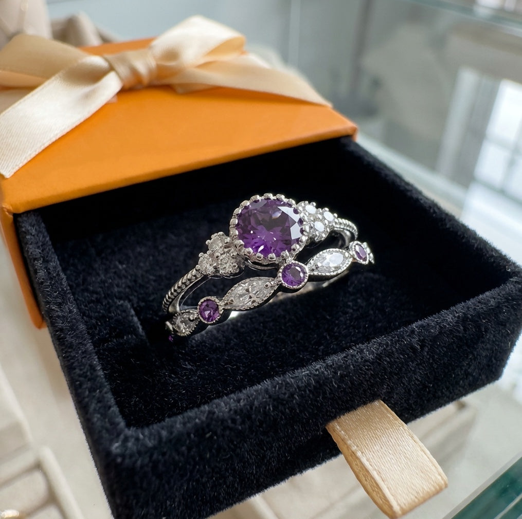 ZEVORA Violetis Crown Ring Set – Handmade White Gold & Amethyst Jewelry Set