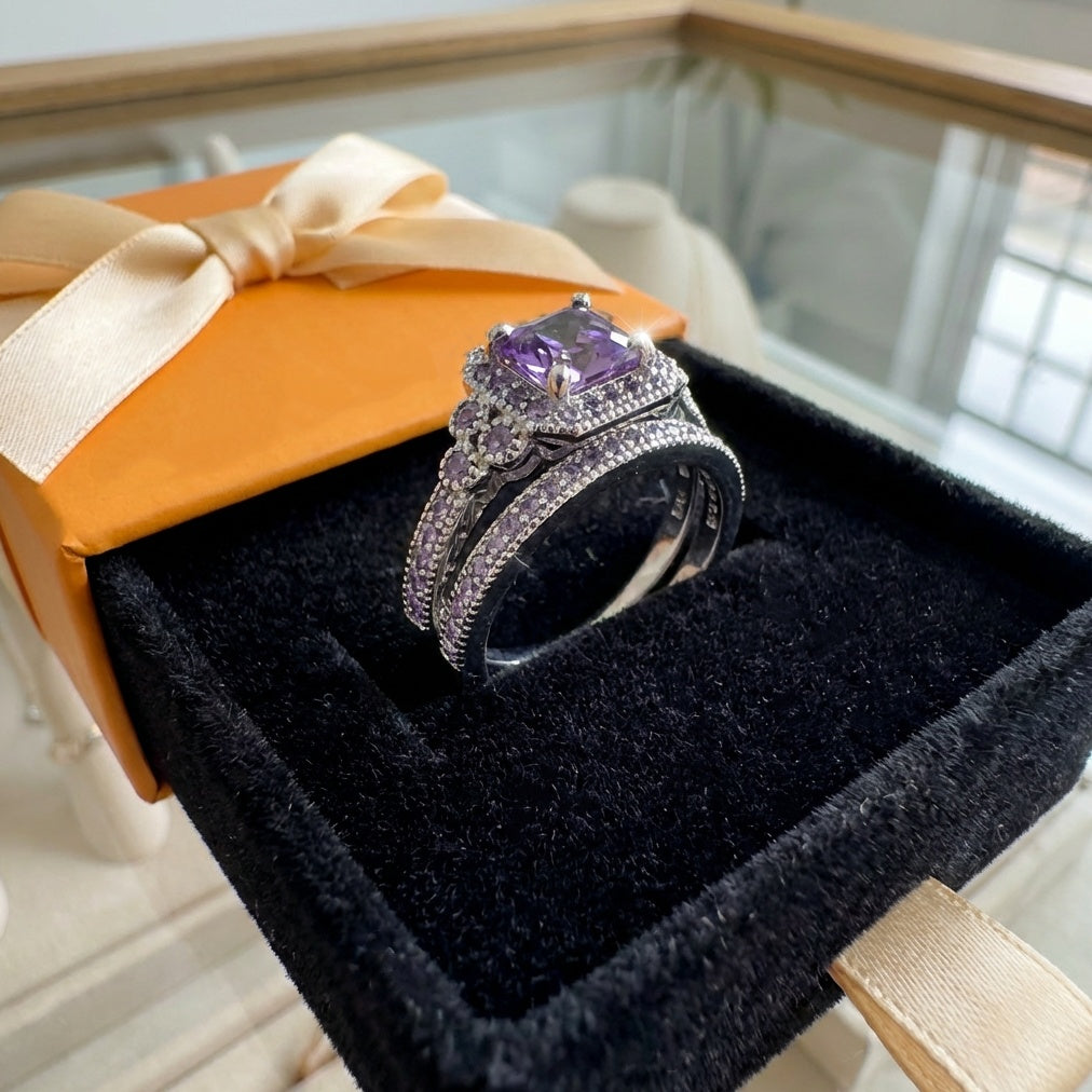 ZEVORA Valeria Promise Ring Set – Handmade White Gold & Amethyst Jewelry Set