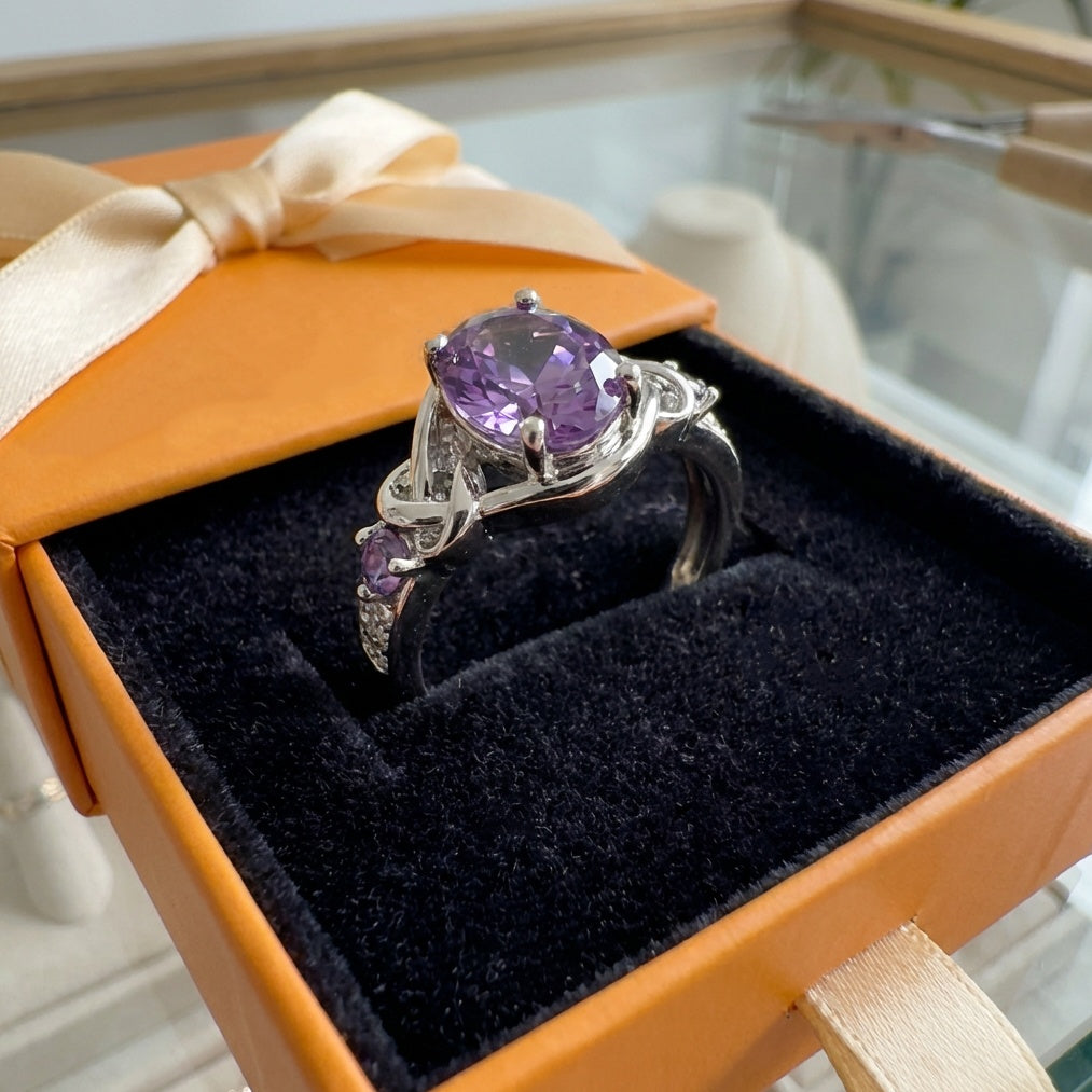 ZEVORA Amethyst Knot Ring – Handmade White Gold & Amethyst Jewelry