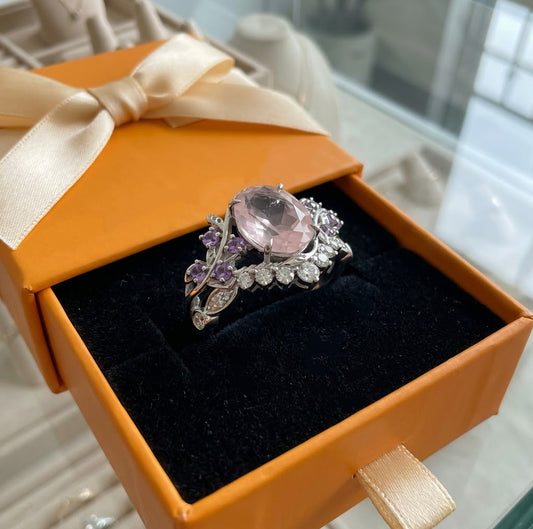 ZEVORA Miravelle Leafglow Ring Set – Handmade White Gold & Amethyst Jewelry Set