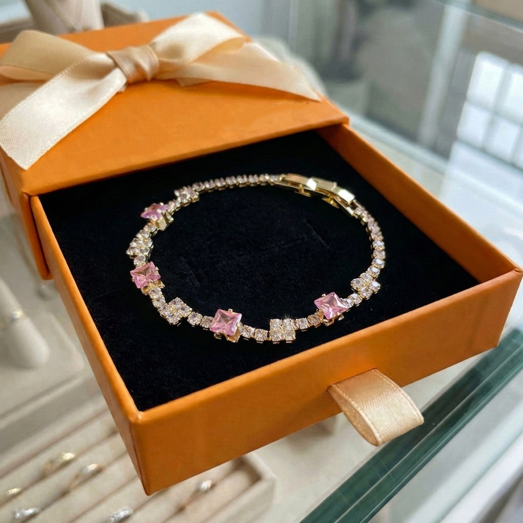 ZEVORA Blush Squares Tennis Bracelet – Handmade Gold & Pink Sapphire Jewelry