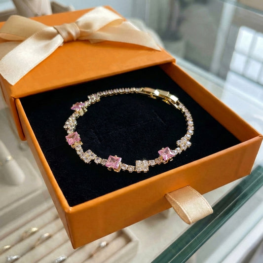 ZEVORA Blush Squares Tennis Bracelet – Handmade Gold & Pink Sapphire Jewelry