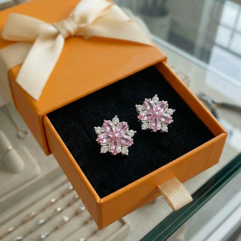 ZEVORA Cherry Blossom Earrings – White Gold Pink Sapphire Floral Drop Earrings