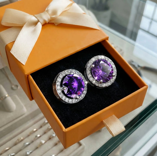 ZEVORA Amethyst Round Pavé Stud Earrings – White Gold Purple Amethyst Pavé Studs