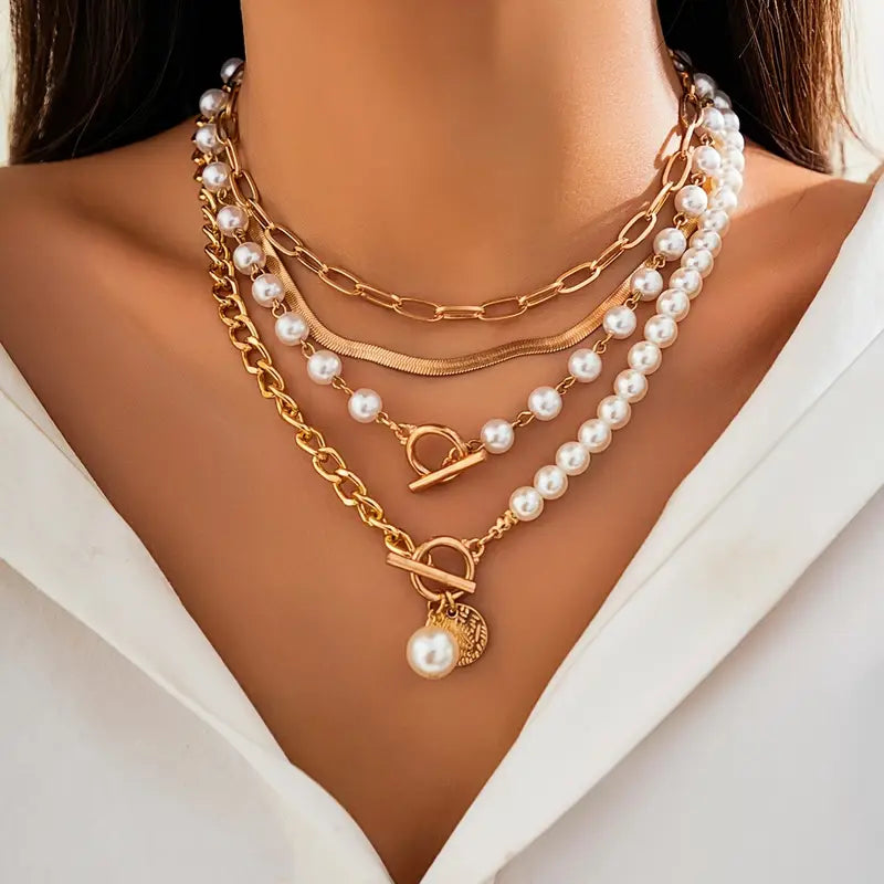 ZEVORA Vintage Pearl & Gold Snake Chain Necklace Set – Gold
