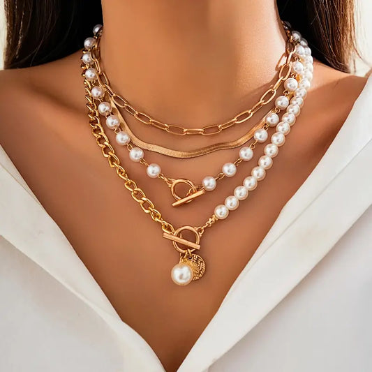 ZEVORA Vintage Pearl & Gold Snake Chain Necklace Set – Gold