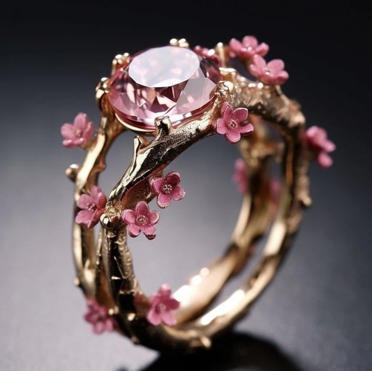ZEVORA Elegant Crystal Pink Flower Ring – Handmade Gold & Pink Crystal Floral Jewelry