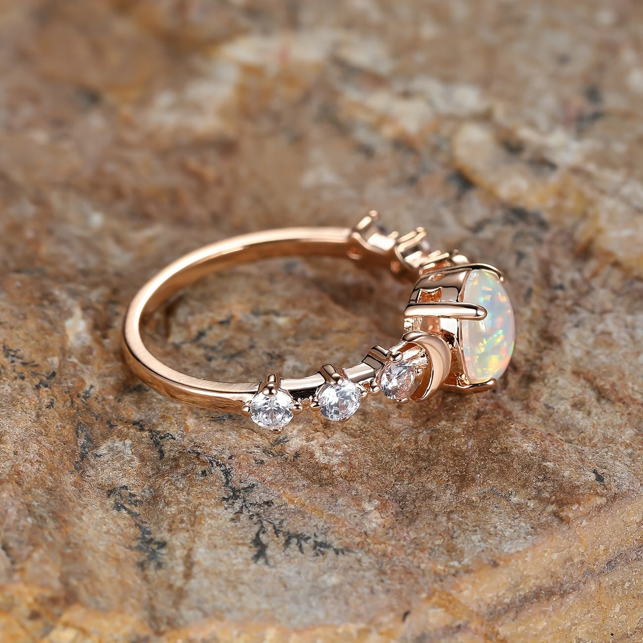 ZEVORA Opal Crescent Moon Ring – Handmade Rose Gold & Opal Jewelry