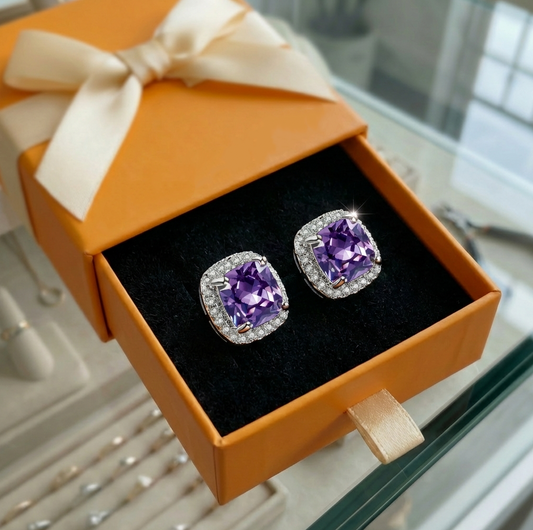 ZEVORA Amethyst Square Pavé Stud Earrings – White Gold Purple Amethyst Pavé Square Studs