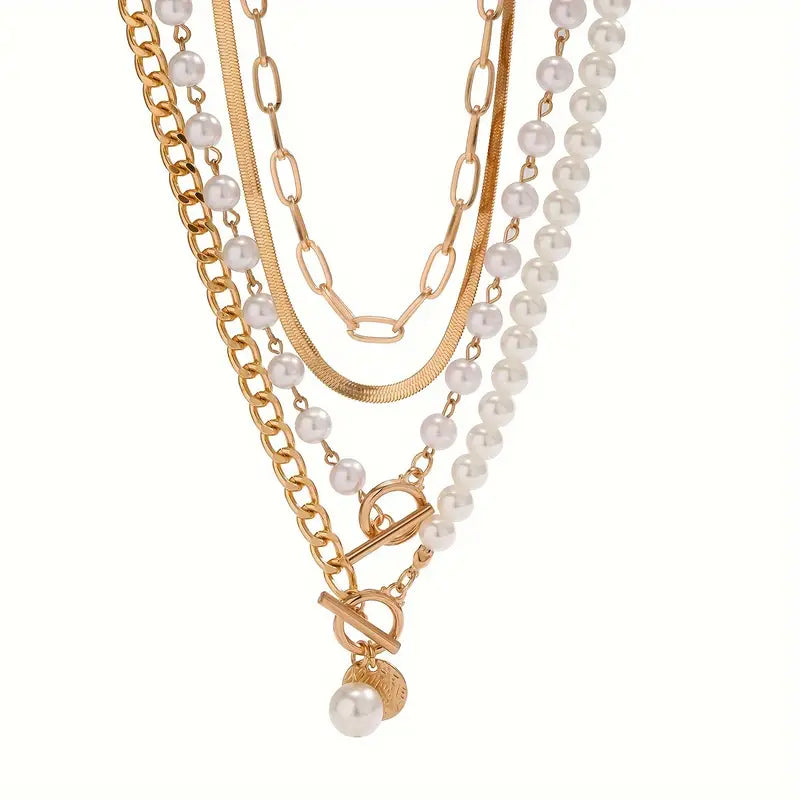 ZEVORA Vintage Pearl & Gold Snake Chain Necklace Set – Gold