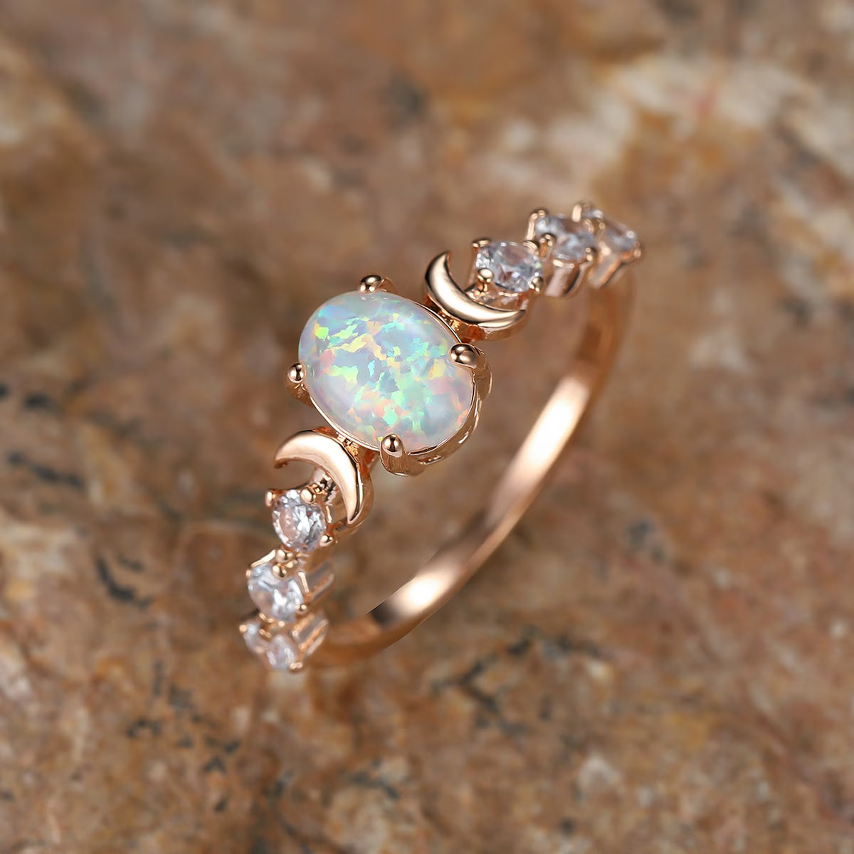 ZEVORA Opal Crescent Moon Ring – Handmade Rose Gold & Opal Jewelry
