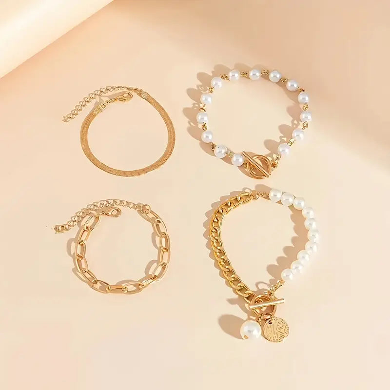 ZEVORA Chic Gold 4-Piece Bracelet Set – Snake, Pearls & Links | Handmade Gold Jewelry