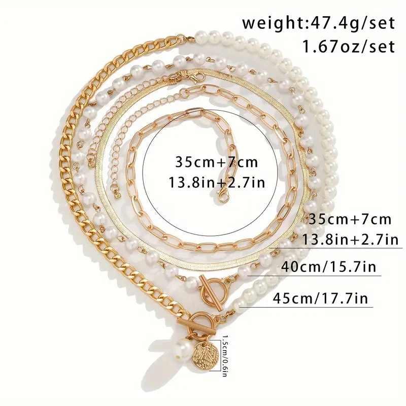 ZEVORA Vintage Pearl & Gold Snake Chain Necklace Set – Gold