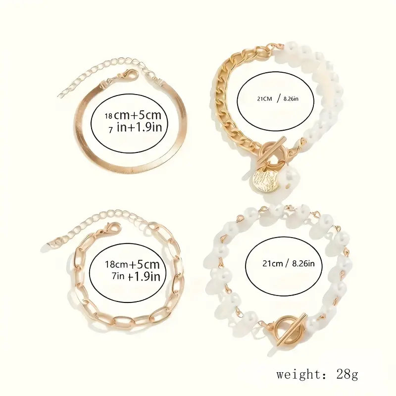 ZEVORA Chic Gold 4-Piece Bracelet Set – Snake, Pearls & Links | Handmade Gold Jewelry