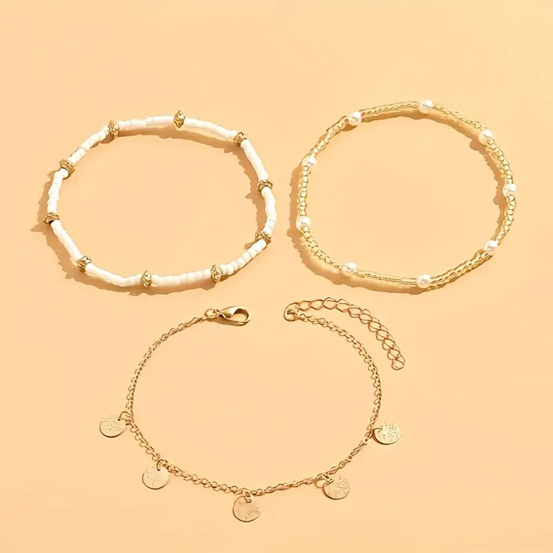 ZEVORA Coastal Charm 3-Piece Layered Anklet Set – Gold