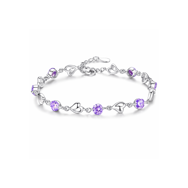 ZEVORA Heart Charm Amethyst Bracelet – White Gold