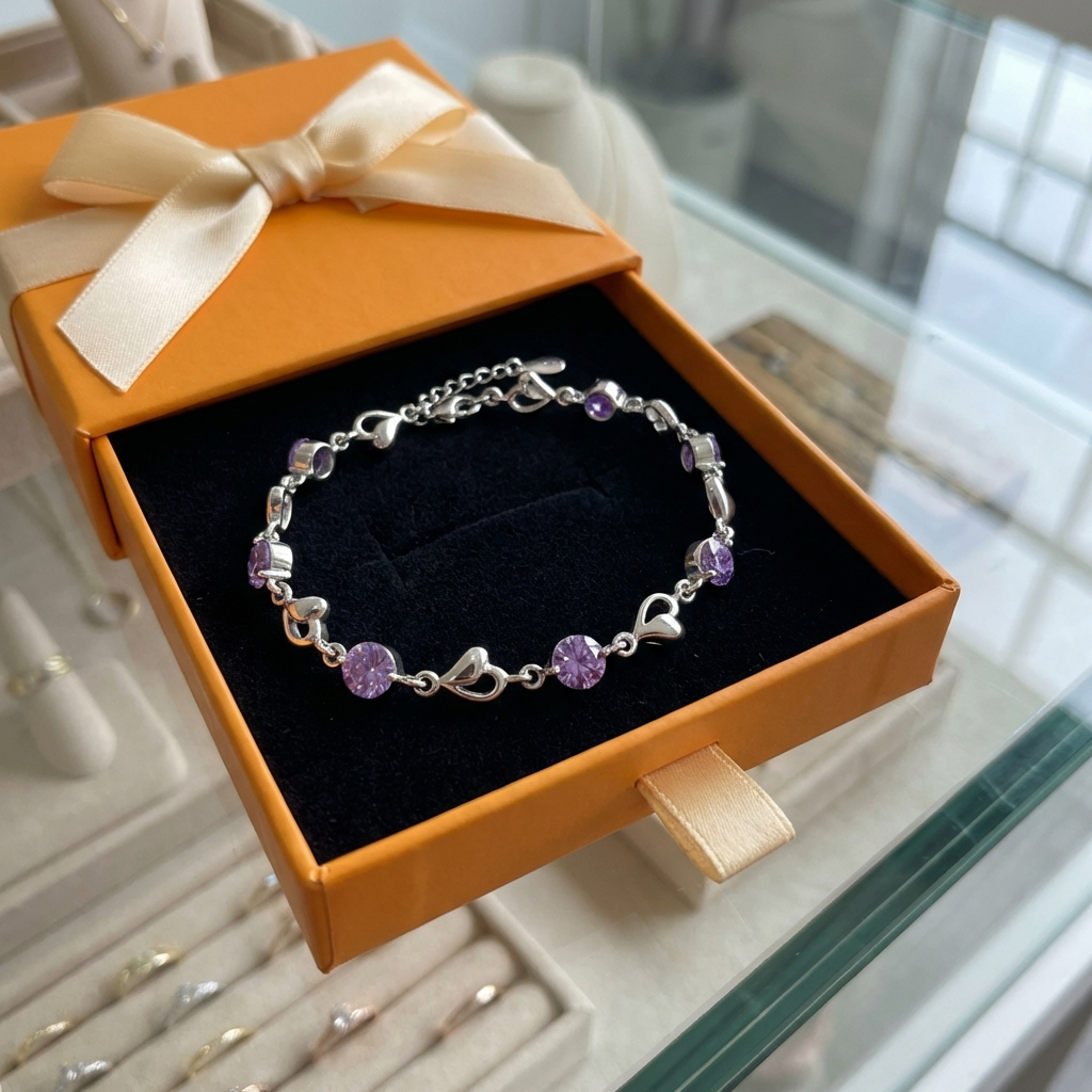 ZEVORA Heart Charm Amethyst Bracelet – White Gold
